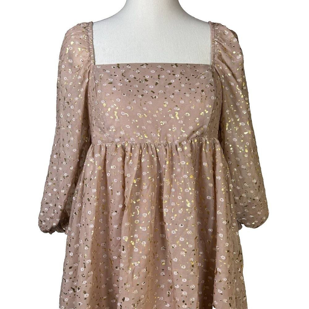 Storia Anthropologie Womens Dress Sz S Metallic‎ Babydoll Mini Puff Sleeve - Picture 2 of 11